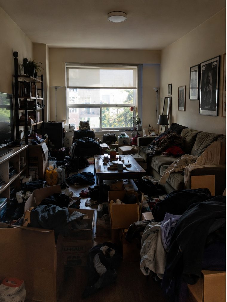 Cluttered, overwhelming room before