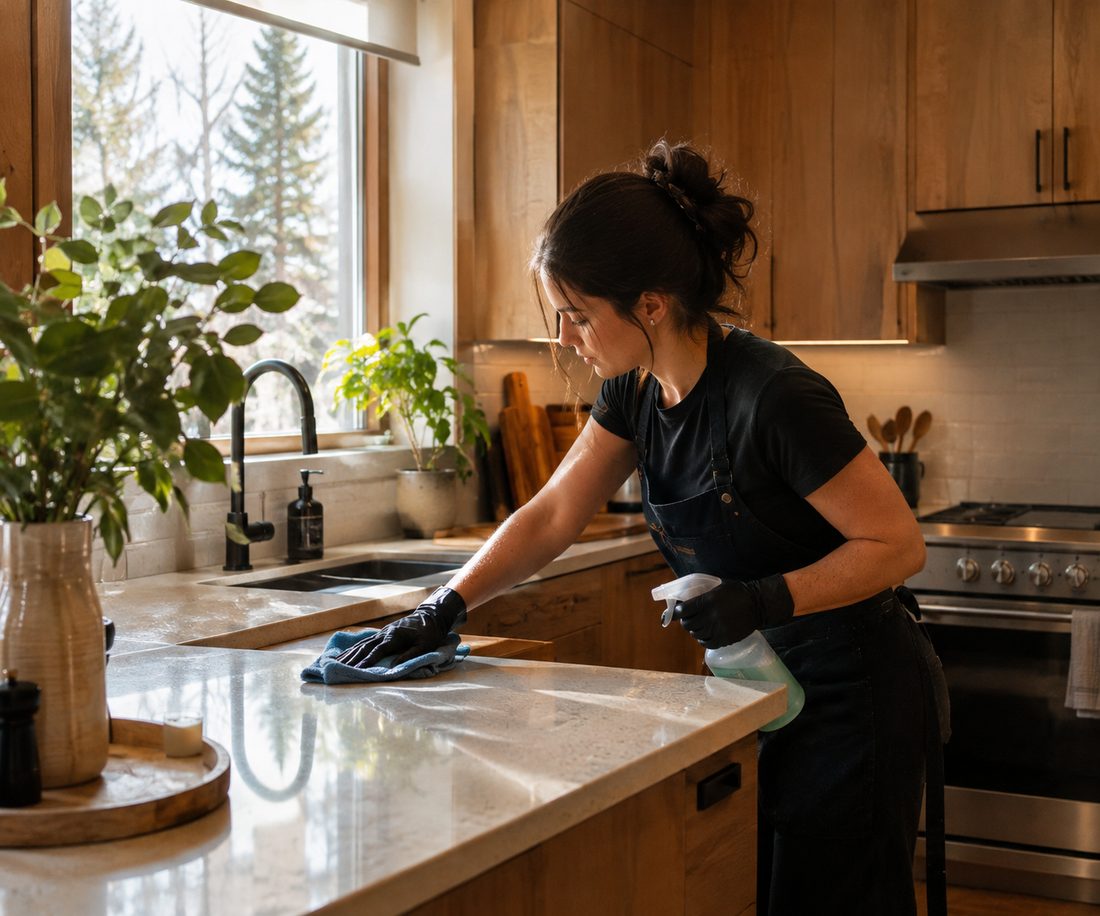 A Green-Clean team member deep cleaning a kitchen counter