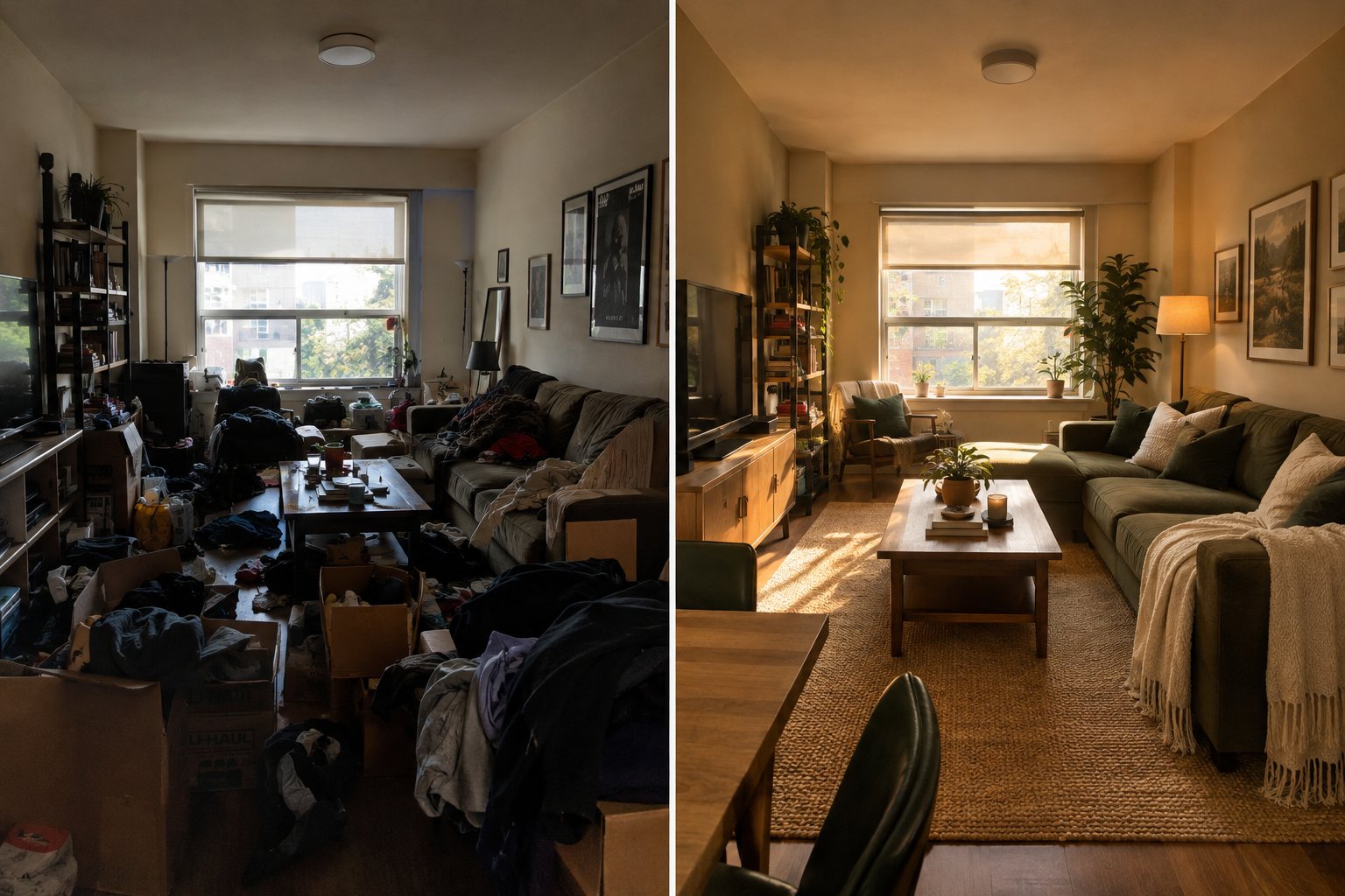 A cluttered living room transformed into a clean, cozy, organized space by Green-Clean.ca